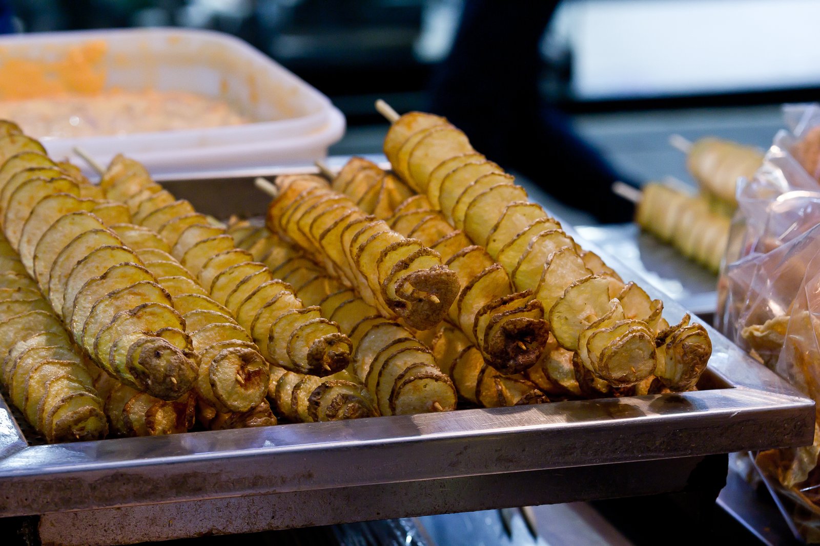 Korean tornado potato spiral fried on a stick