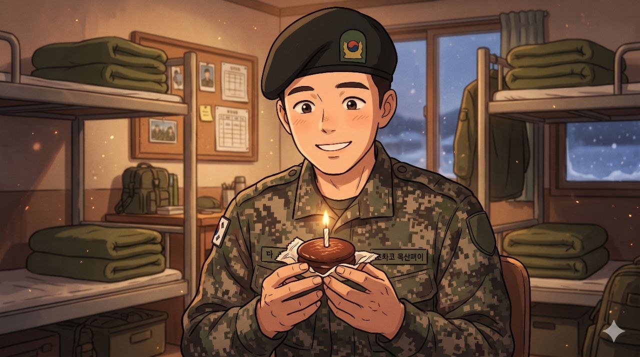 A smiling Korean soldier in a barracks holding a Choco Pie with a lit birthday candle