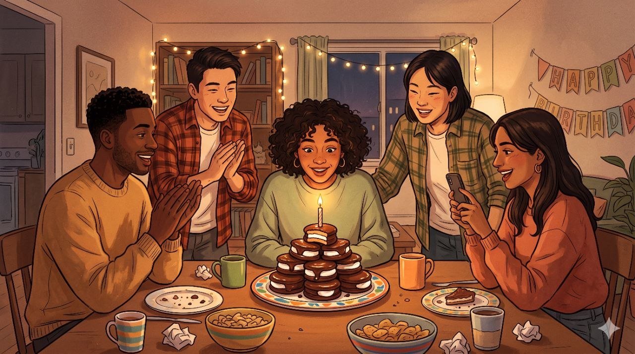 Friends around a table celebrating a birthday with a tower of Choco Pies and a candle