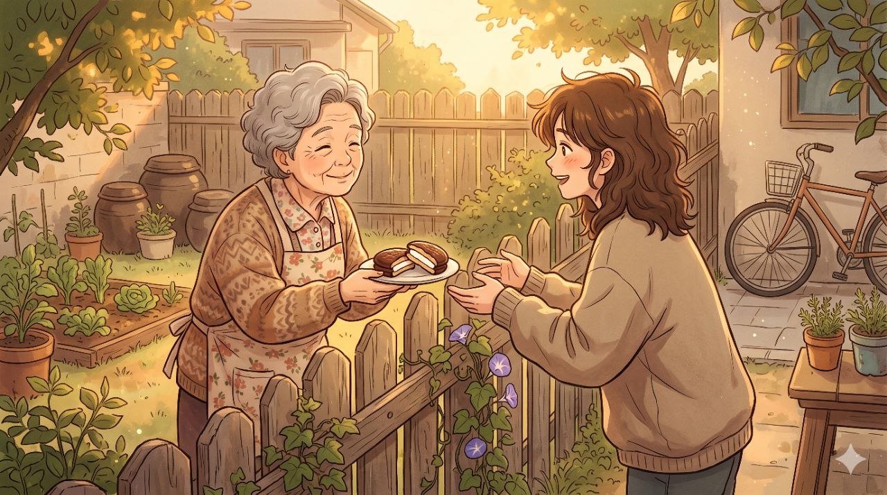 An older woman handing a plate of Choco Pies over a garden fence to a neighbour