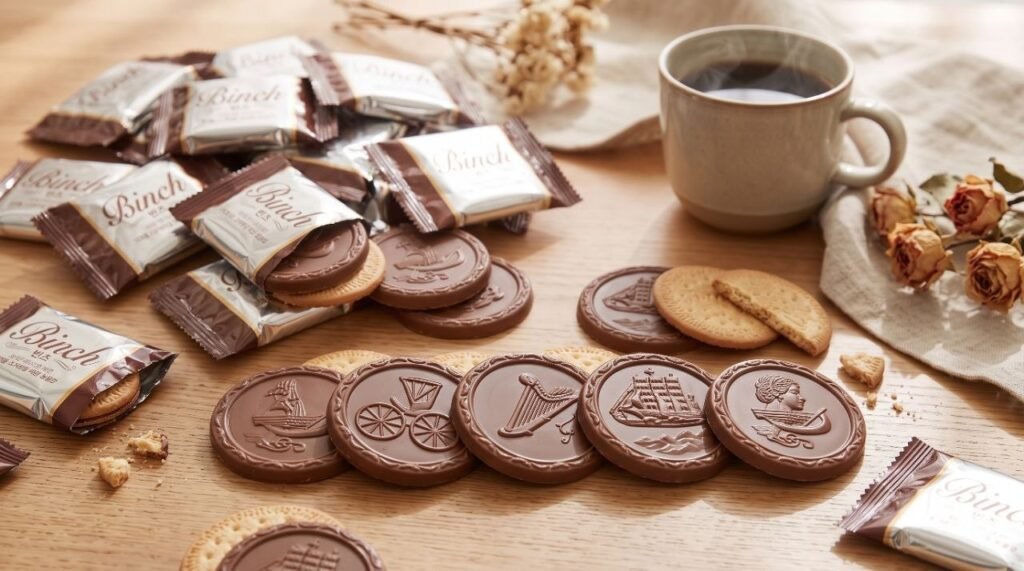 Binch chocolates showing embossed designs: ship, carriage, harp, tall ship and portrait