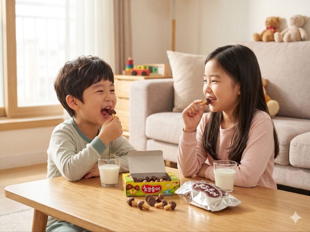 Two children sharing Choco Boy mushroom biscuits with milk