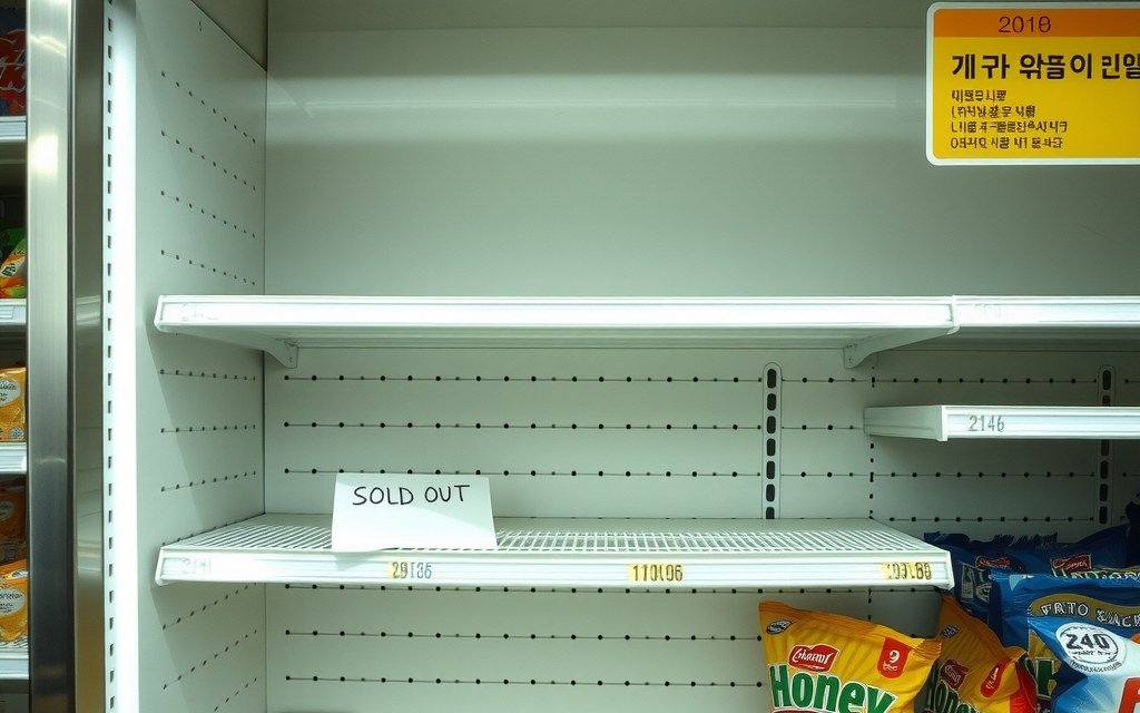 An almost-empty convenience store shelf with a SOLD OUT note during the 2014 honey butter chip craze