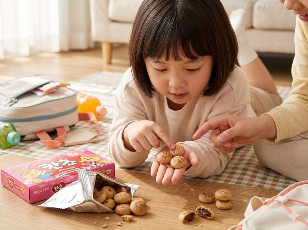 A child reading the printed faces on Kancho biscuits