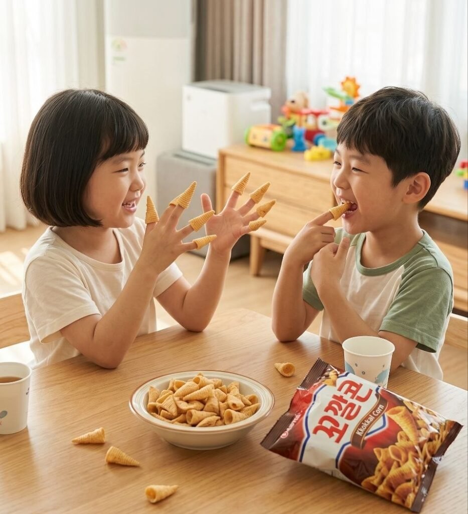 Two children wearing Kkokkal Corn cones on their fingertips