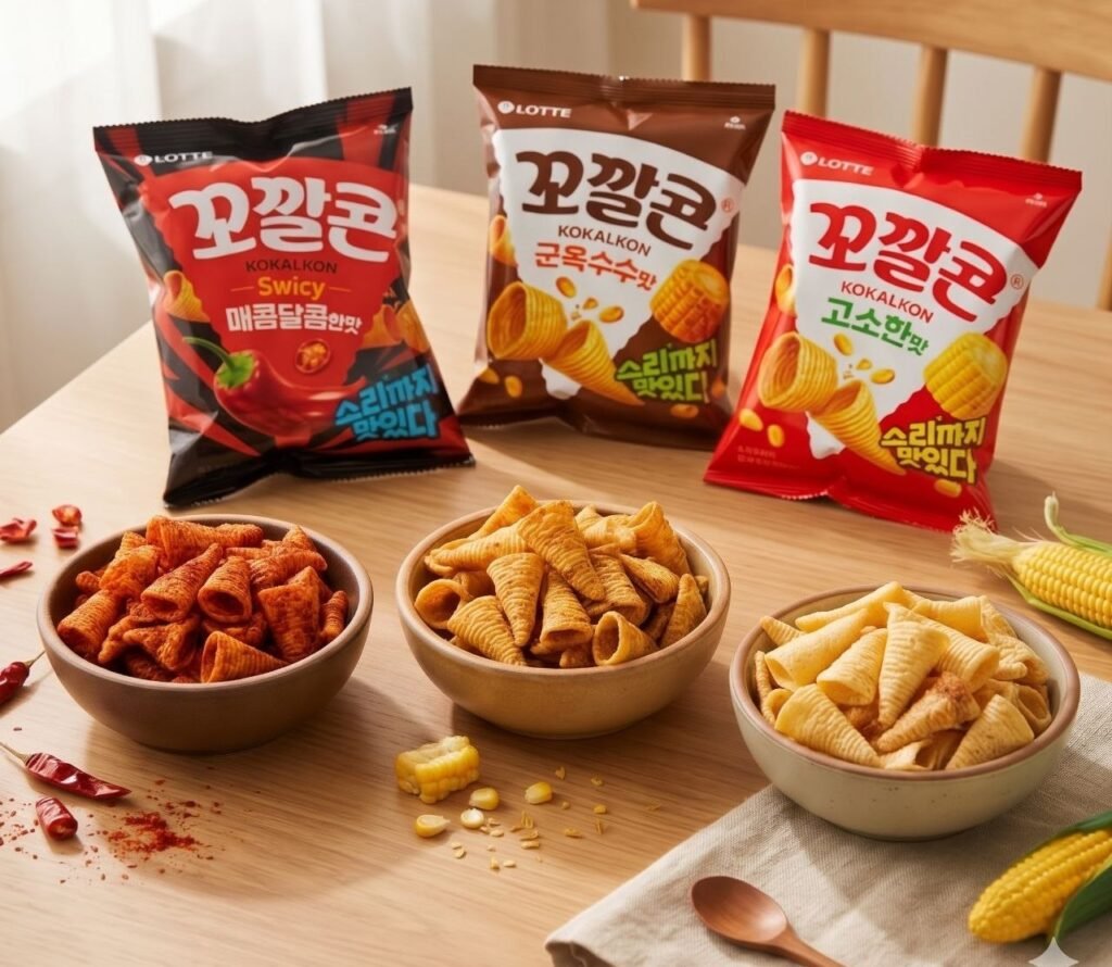 Three Lotte Kkokkal Corn flavours with bowls of the cone-shaped corn snacks