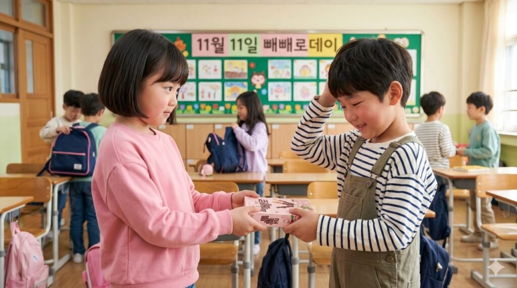Children exchanging a box of Pepero in a classroom on Pepero Day, with