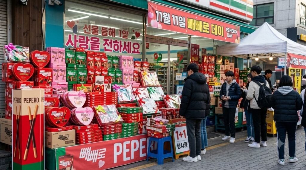 A convenience-store display stacked with Pepero gift boxes for Pepero Day (11/11)