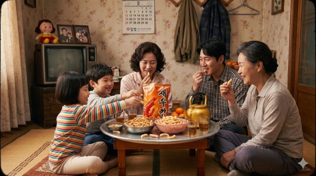 A Korean family sharing Saewookkang around a low table