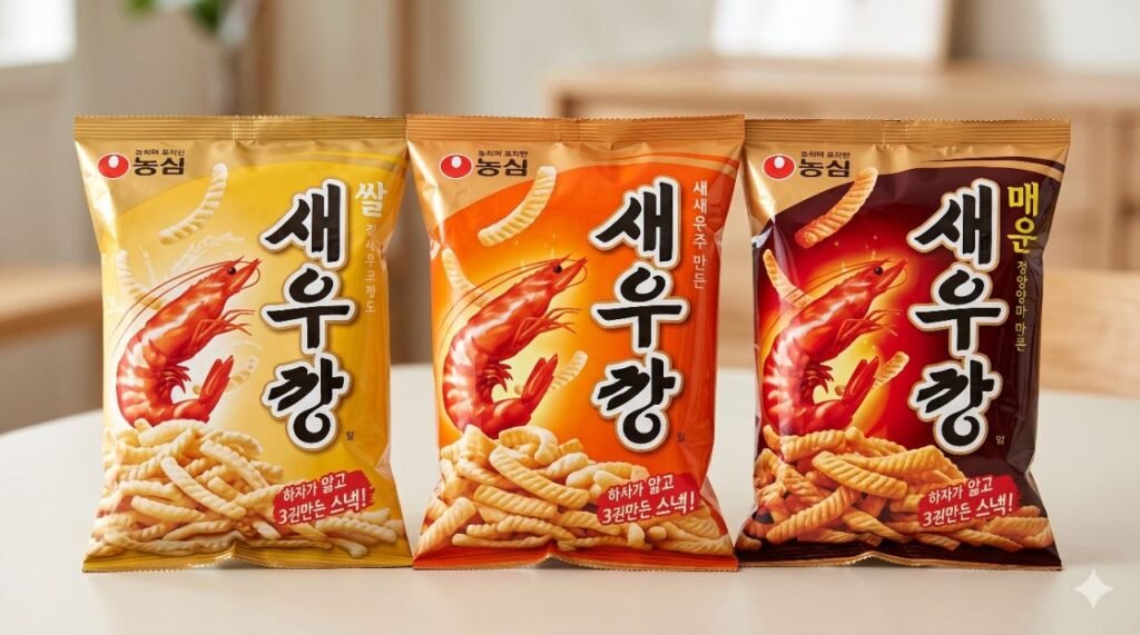 Rice, Original and Spicy Saewookkang bags side by side