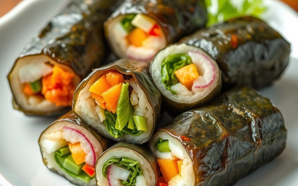 Sliced Korean gimbap rolls showing colourful fillings