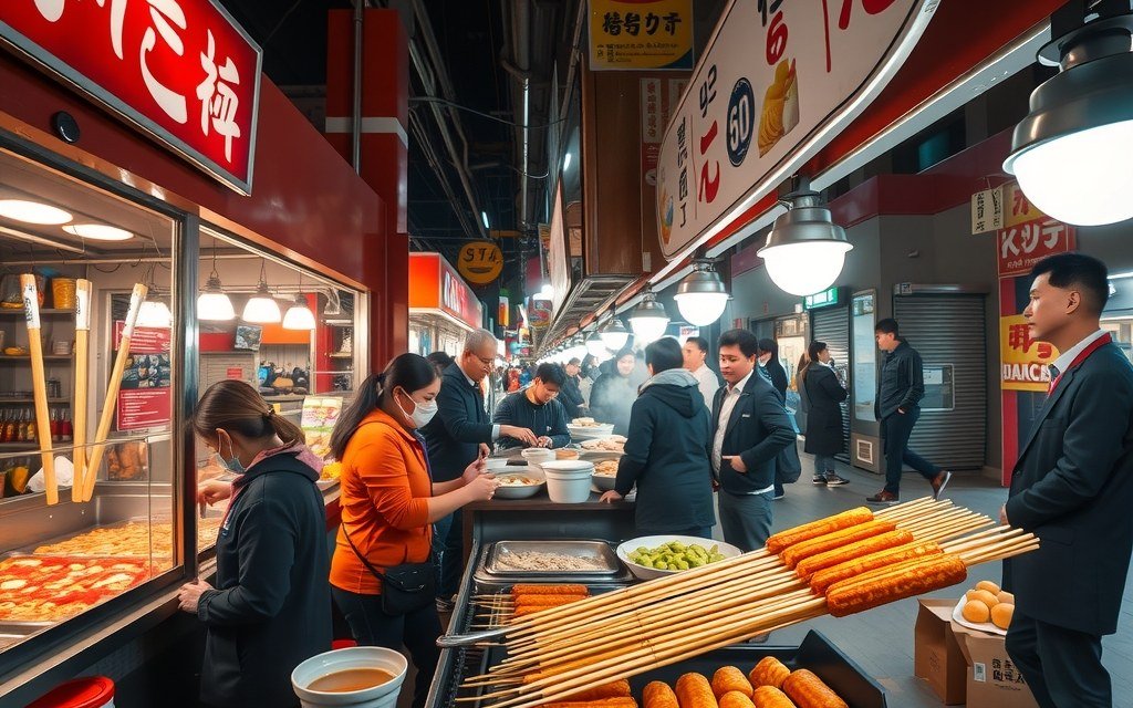 A Korean street-food night market with tteokbokki, skewers, corn dogs and hotteok
